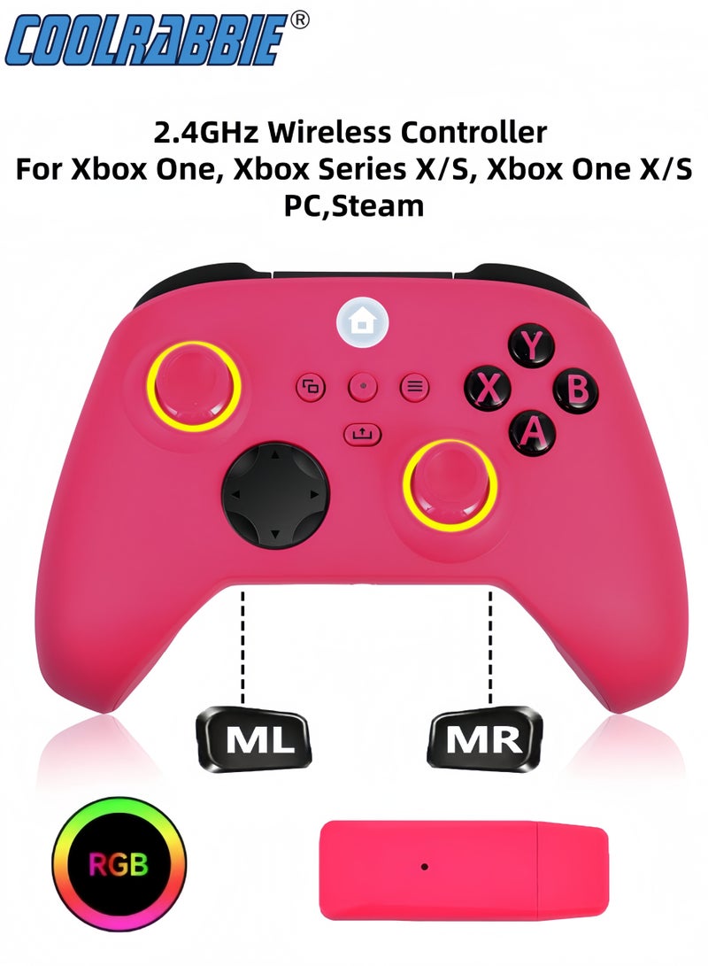 كول رابي وحدة تحكم ألعاب لاسلكية بتقنية RGB لأجهزة Xbox One و Xbox Series X/S و Xbox One X/S والكمبيوتر الشخصي، مزودة ببطارية 800 مللي أمبير، قابلة للبرمجة، وظيفة تيربو، 4 أوضاع إضاءة، مع محول لاسلكي بتردد 2.4 جيجاهرتز، وعصا تحكم بتقنية تأثير هول، لون وردي. - Image 1